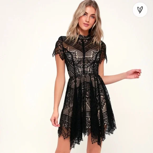 Lulu’s Ryse the Label Katie Black and Nude Lace Short Sleeve Skater Dress - Picture 2 of 15